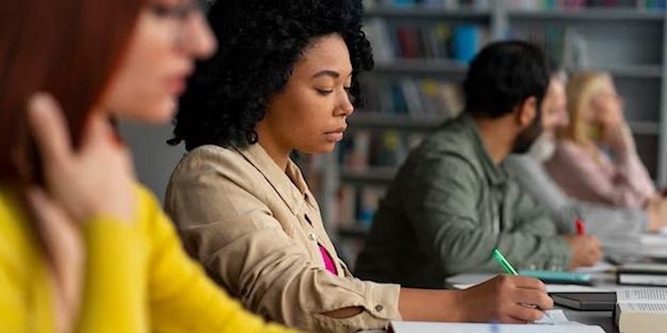 a woman taking notes and jotting down points